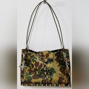 Tom Boy Tote Handmade Purse Camouflage Wood Bottom Metal Cable Handles Charms